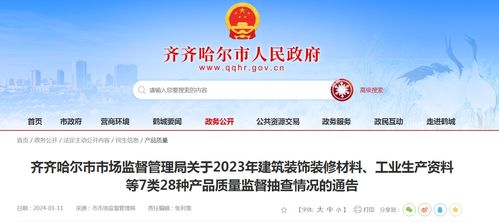 黑龍江省齊齊哈爾市市場(chǎng)監(jiān)督管理局關(guān)于2023年建筑裝飾裝修材料等產(chǎn)品質(zhì)量監(jiān)督抽查情況的通告